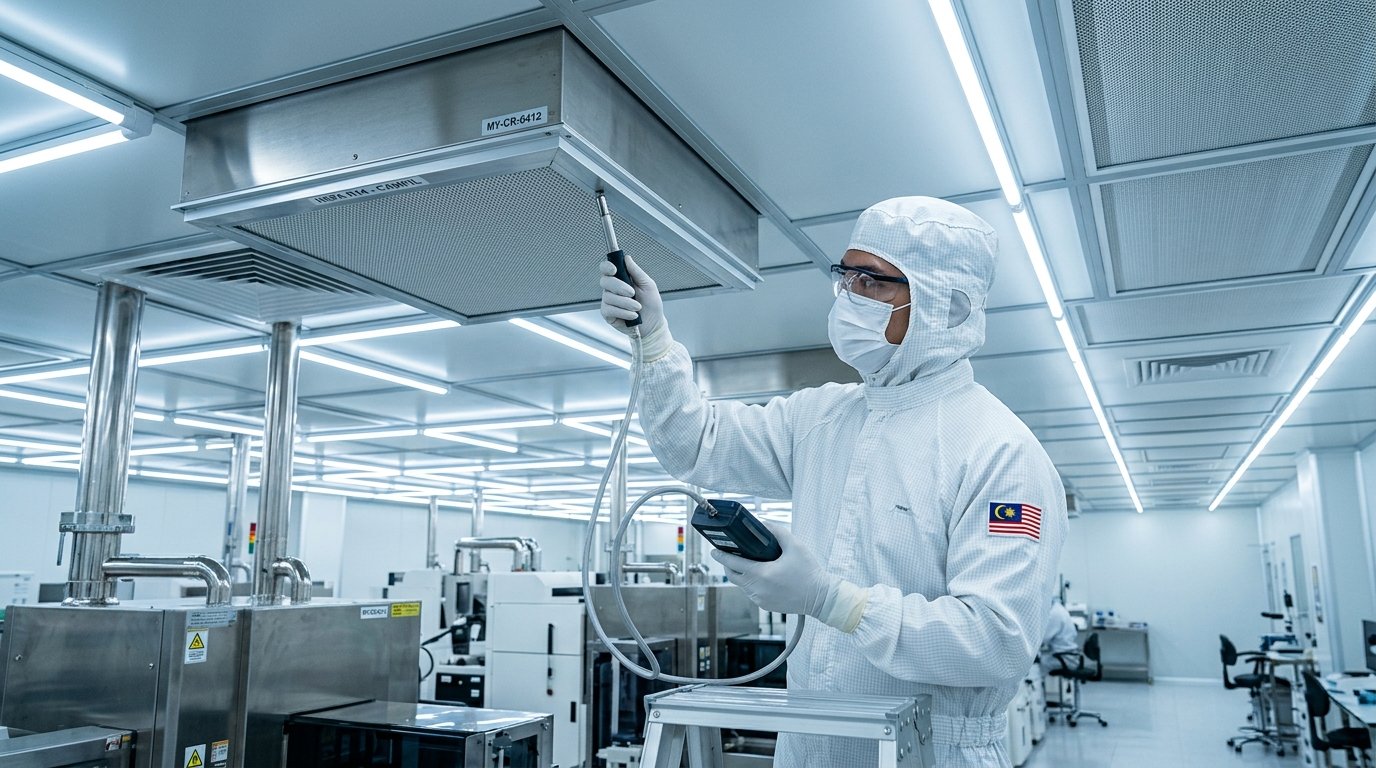 Cleanroom validation engineer conducting PAO aerosol photometer leak scan on ceiling HEPA unit in Penang