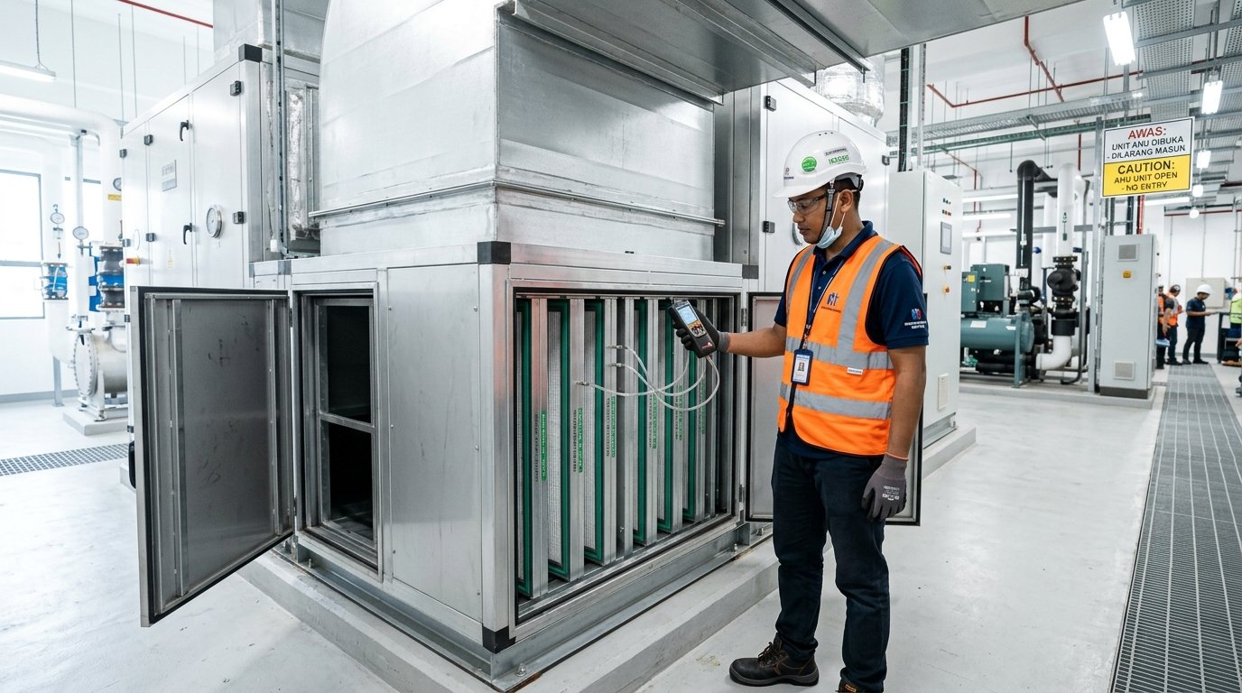 Building mechanical engineer auditing AHU filter differential pressure