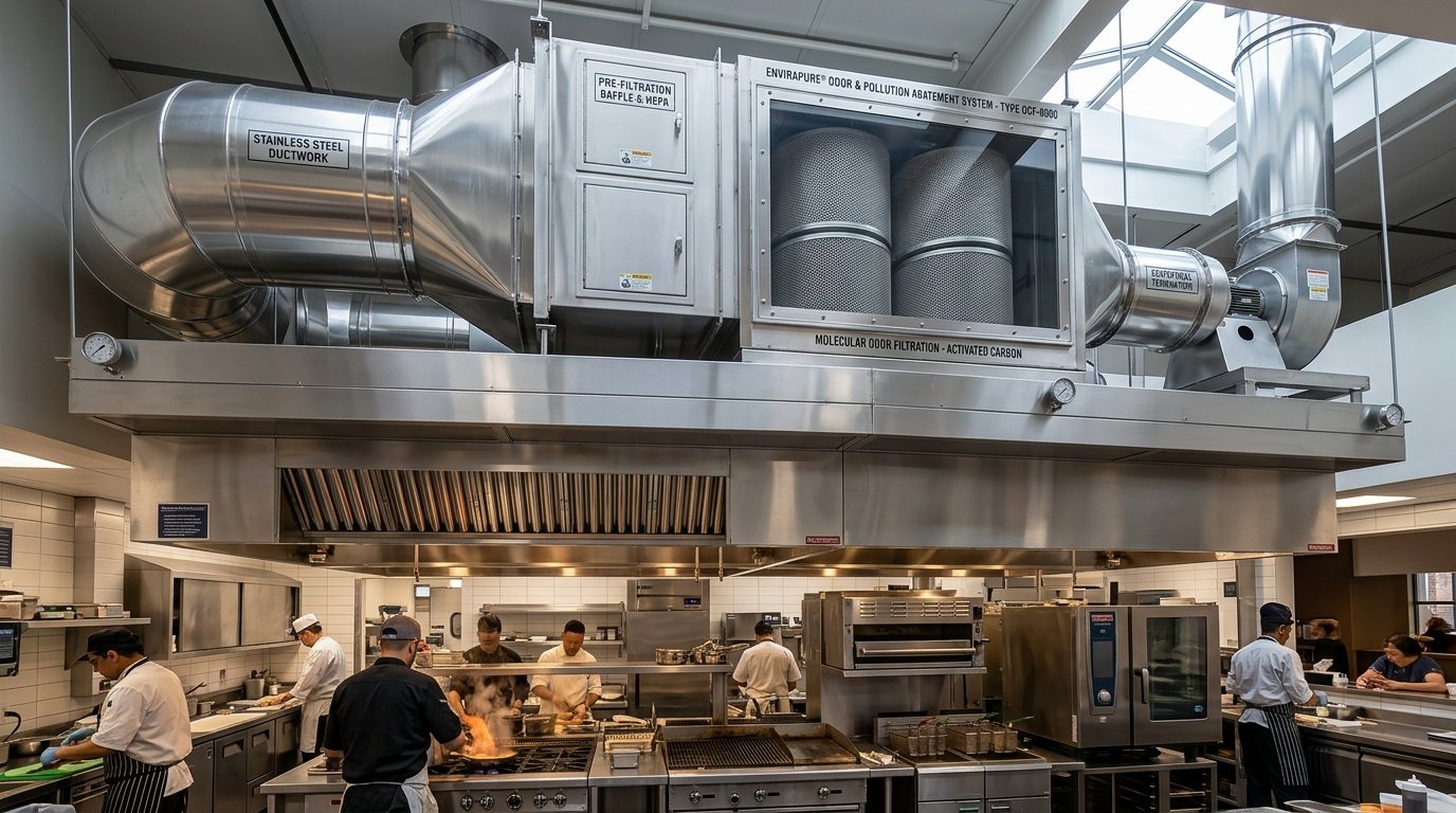Commercial kitchen canopy with stainless ductwork and activated carbon scrubber system
