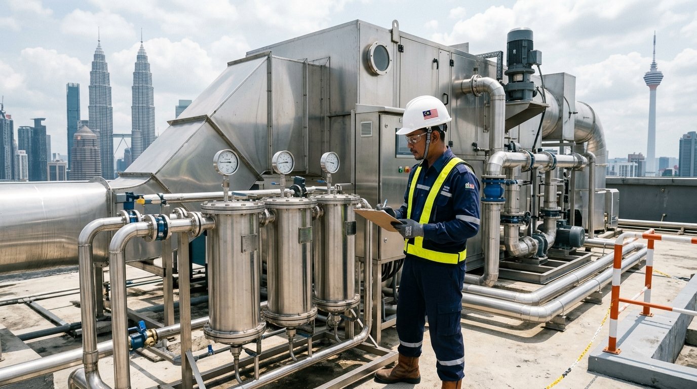 Mechanical engineer inspecting rooftop pollution scrubber and activated carbon canister installation in Kuala Lumpur